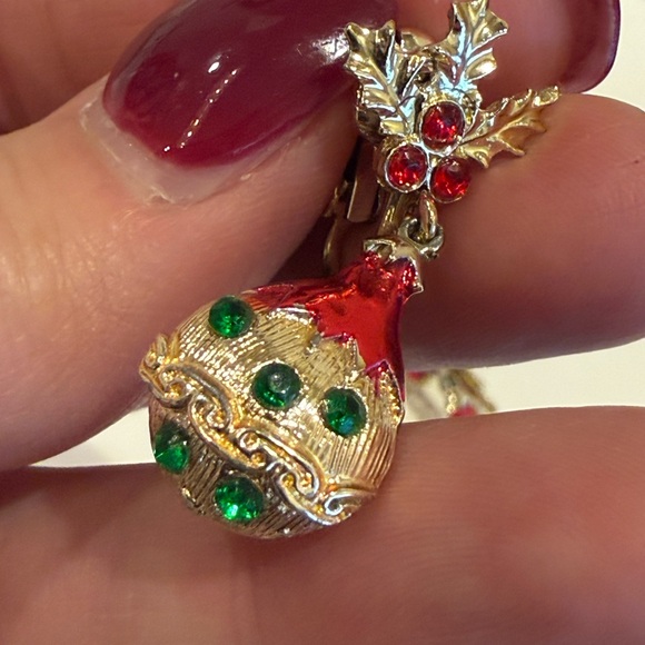 Festive Gold and Red Drop Earrings (vintage) - Picture 2 of 10